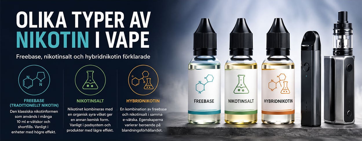 Olika typer av nikotin i vape – freebase, nikotinsalt och hybridnikotin Olika typer av nikotin i vape – freebase, nikotinsalt och hybridnikotin