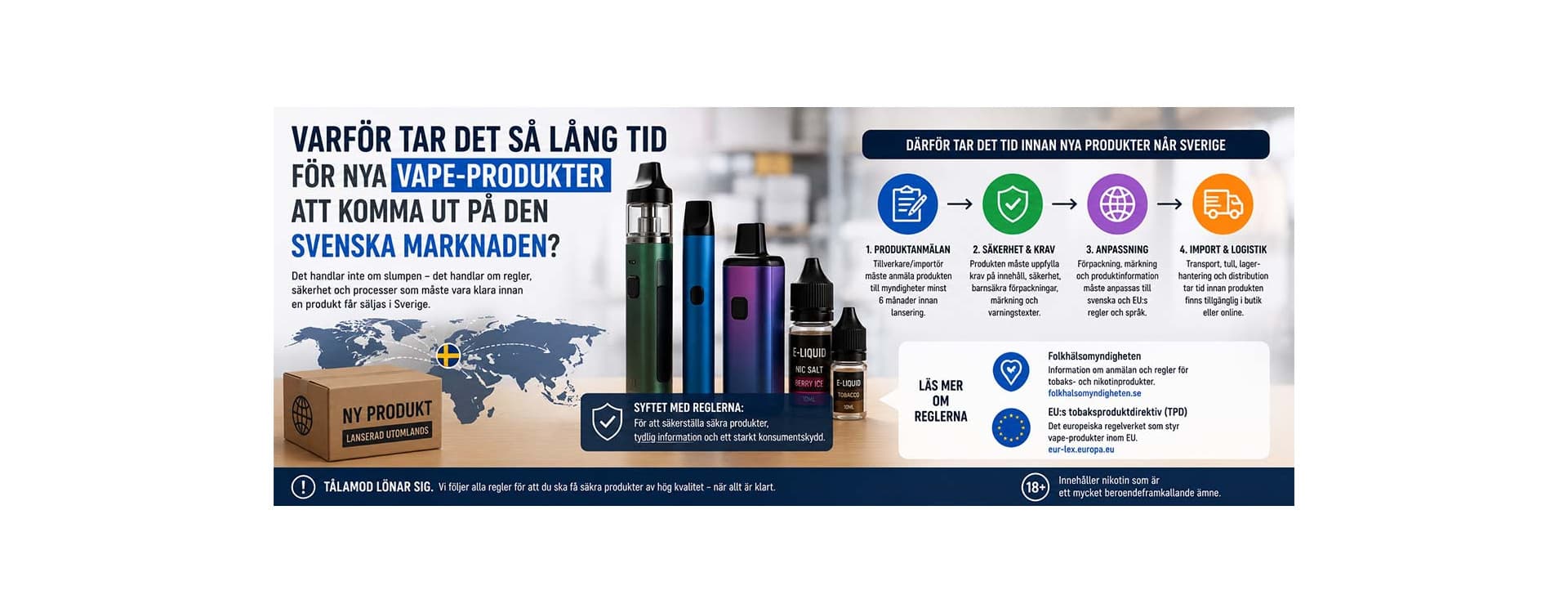 Varför tar det så lång tid för nya vape-produkter att komma ut på den svenska marknaden? Varför tar det så lång tid för nya vape-produkter att komma ut på den svenska marknaden?