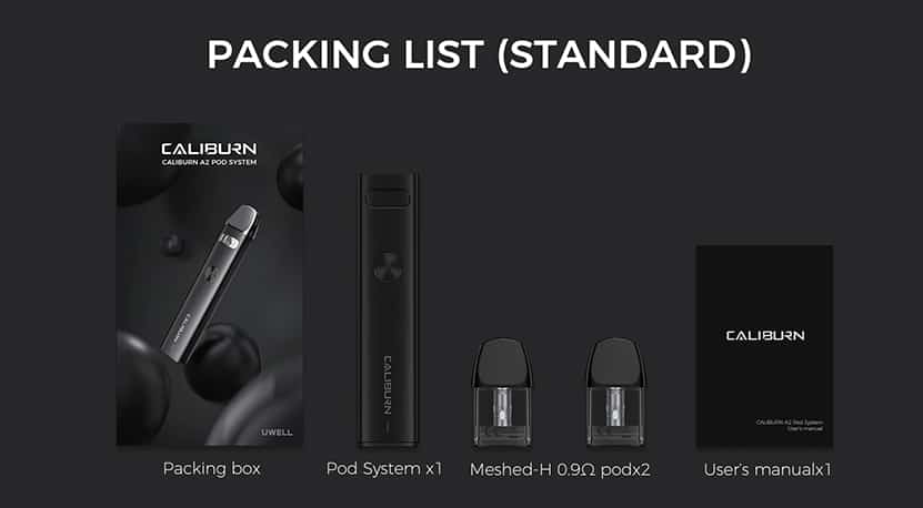 Uwell Caliburn A2 inkluderat i förpackningen