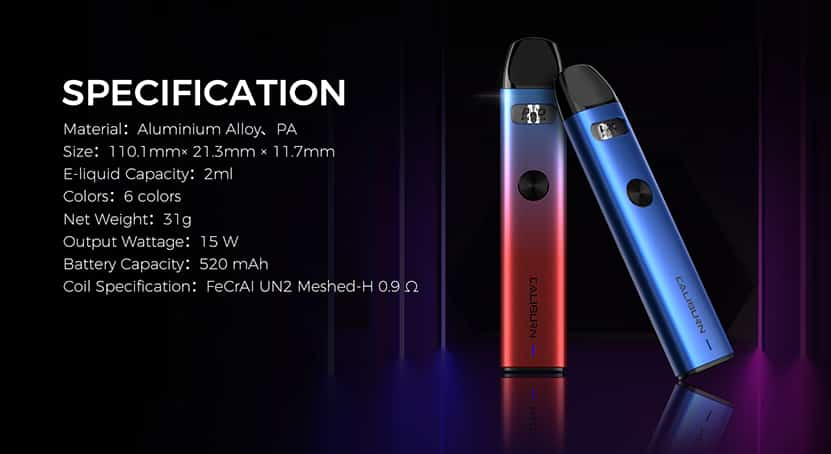 Uwell Caliburn A2 Pod Vape Kit specifikationer